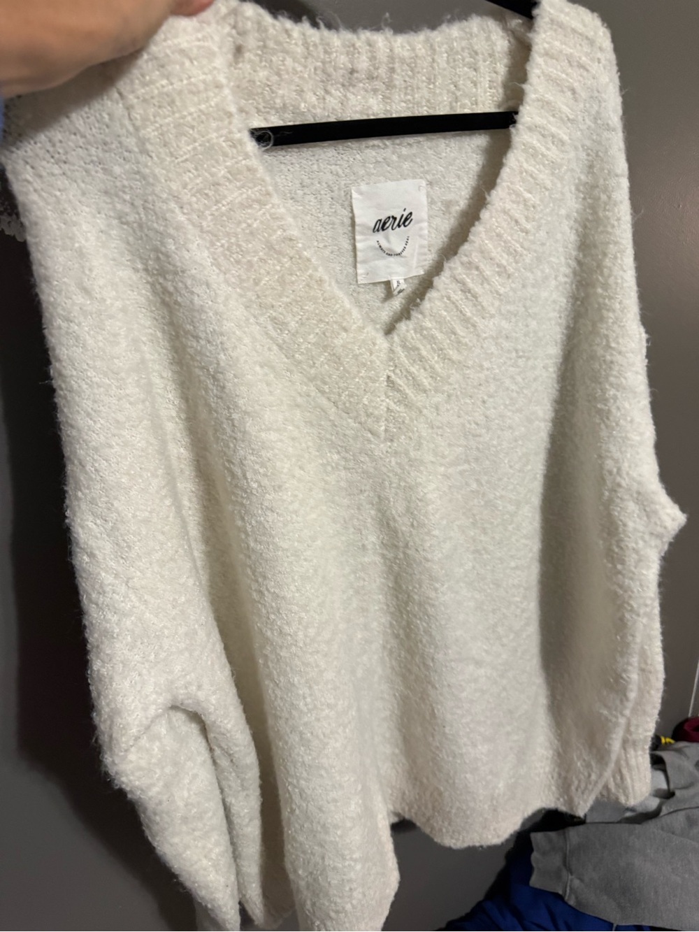 aerie Cream V-Neck Plush Sweater